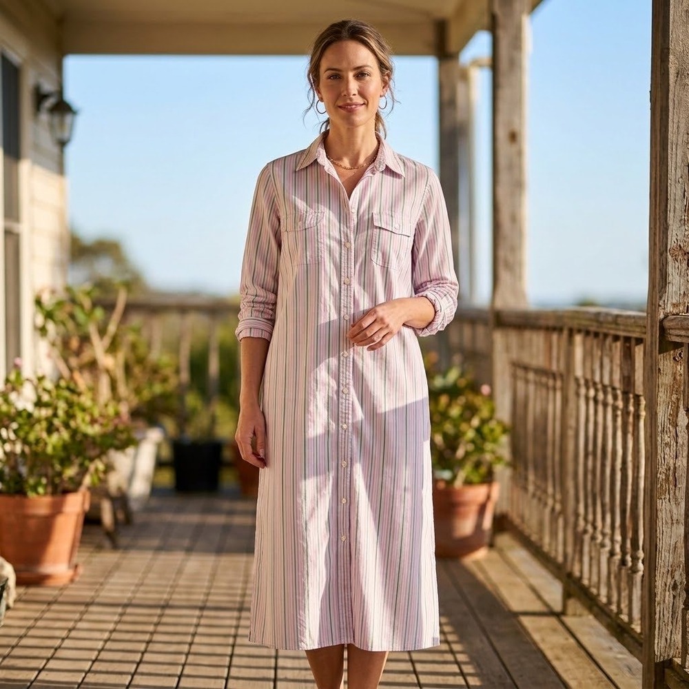Lands End Shirt Dress Womens 8 Long Sleeve Cotton Midi Preppy Resort Modest Chic